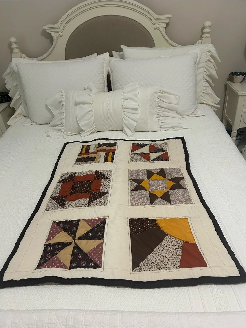 Handmade Patchwork Crib Quilt. Cream with Brown, Rust and Mustard Accent